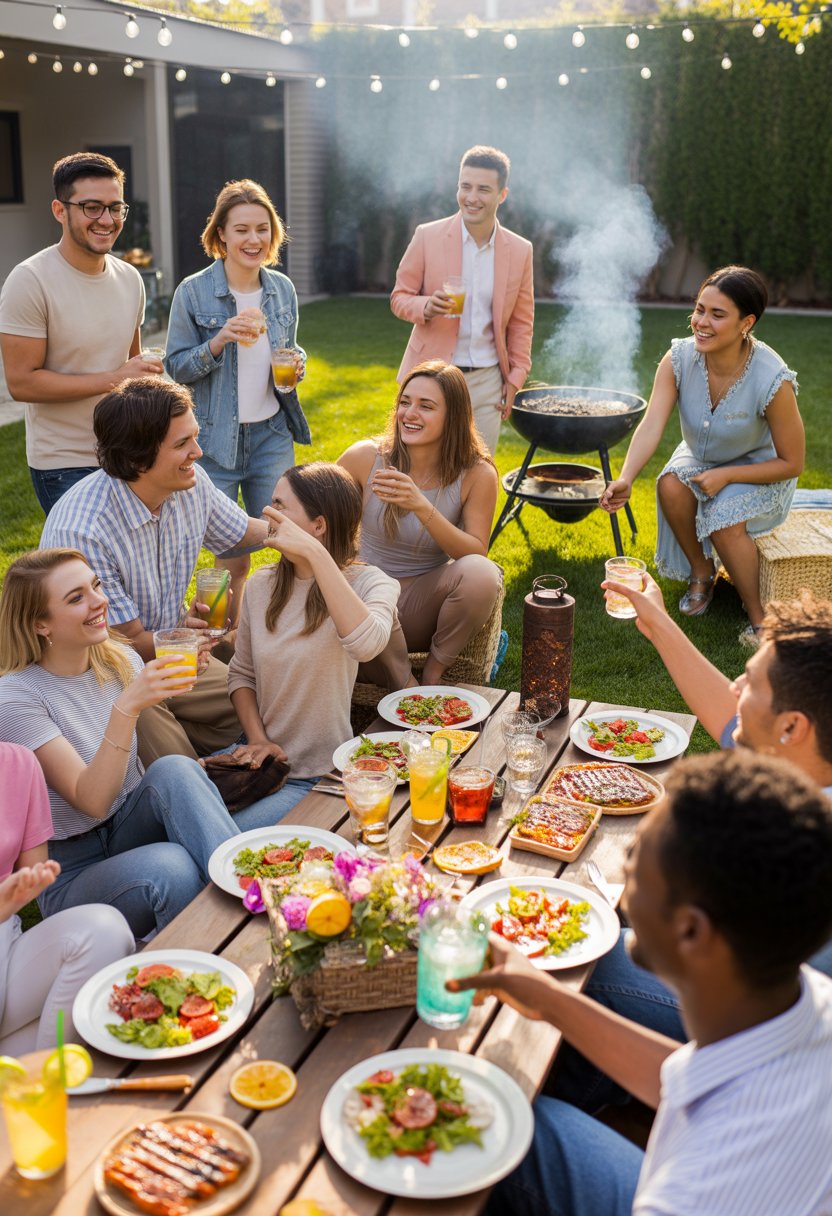 A group of people enjoying a backyard BBQ engagement party with food, drinks, and decorations on a sunny day.